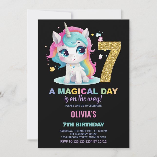 7th Birthday Unicorn Birthday Invitations (Front)