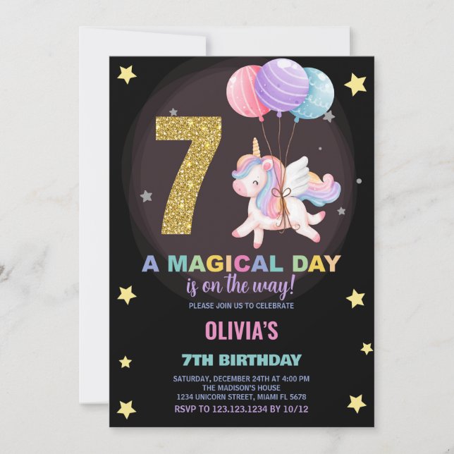 7th Birthday Unicorn Birthday Invitations (Front)