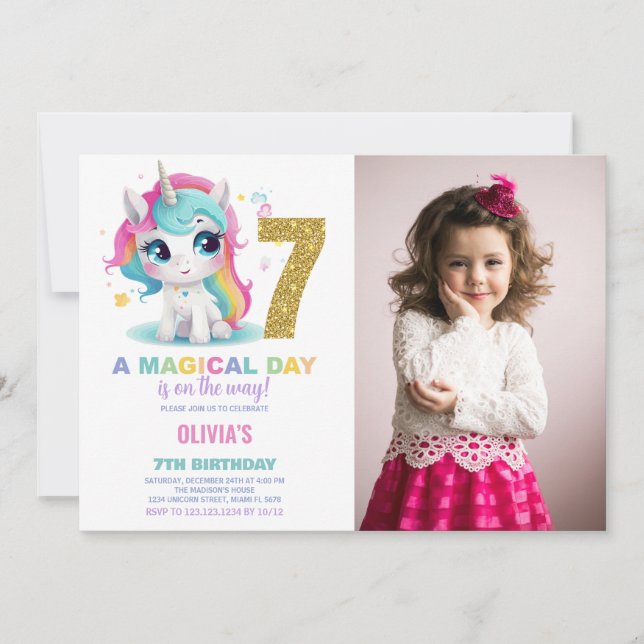 7th Birthday Unicorn Birthday Invitations photo (Front)
