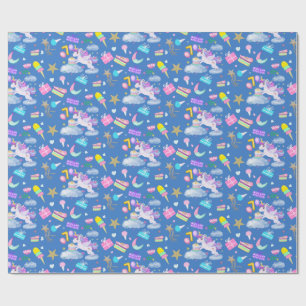 7th Birthday Unicorn Pattern Blue Wrapping Paper