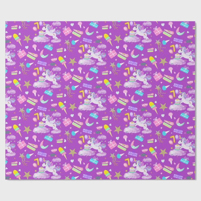 7th Birthday Unicorn Pattern Purple Wrapping Paper (Flat)