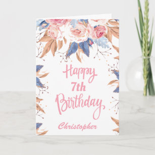 7th Birthday Watercolor Botanical Pink Floral Card
