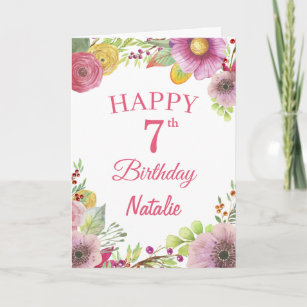 7th Birthday Watercolor Floral Flowers Pink Card