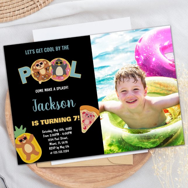 7th Black Monkey Photo Pool Birthday Invitations (7th Black Monkey Photo Pool Birthday Invitations)