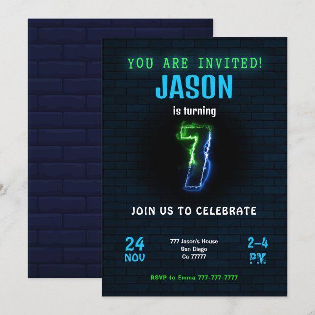 7th Boy Birthday Invitation (Front/Back)