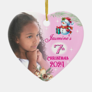 7th Christmas Personalised Girl's Photo Heart Gift Ceramic Tree Decoration