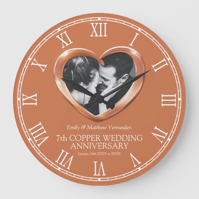 7th Copper wedding anniversary custom photo heart Large Clock (Front)
