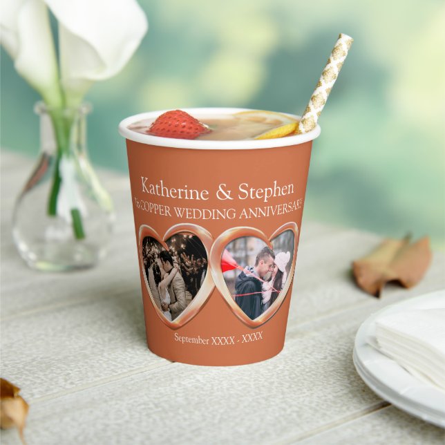 7th Copper Wedding anniversary hearts photos Paper Cups (Insitu)