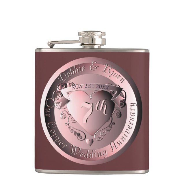 7th Copper Wedding Anniversary Medallion Hip Flask (Front)