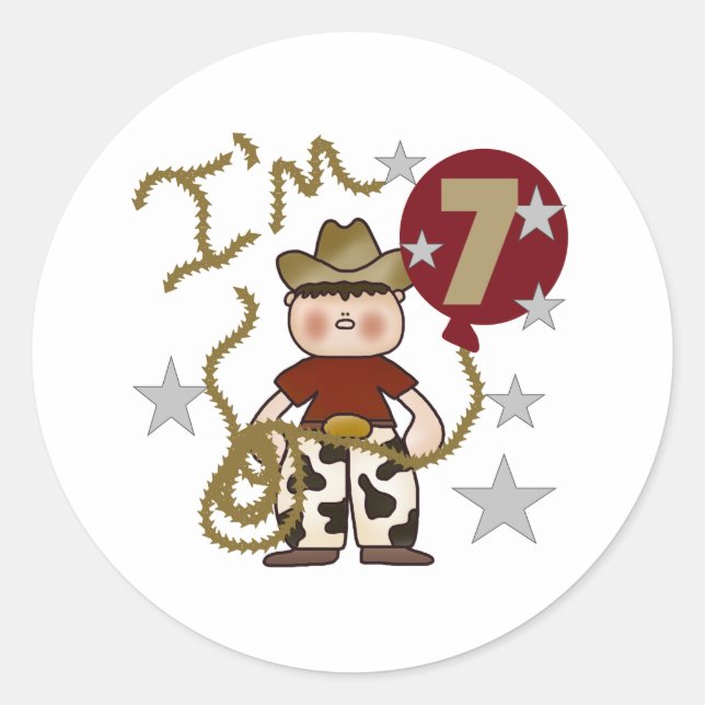 7th Cowboy Birthday Classic Round Sticker (Front)