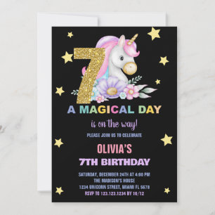 7th Floral Unicorn Birthday Invitations