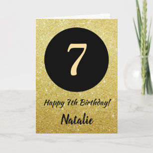 7th Happy Birthday Black and Gold Glitter Card