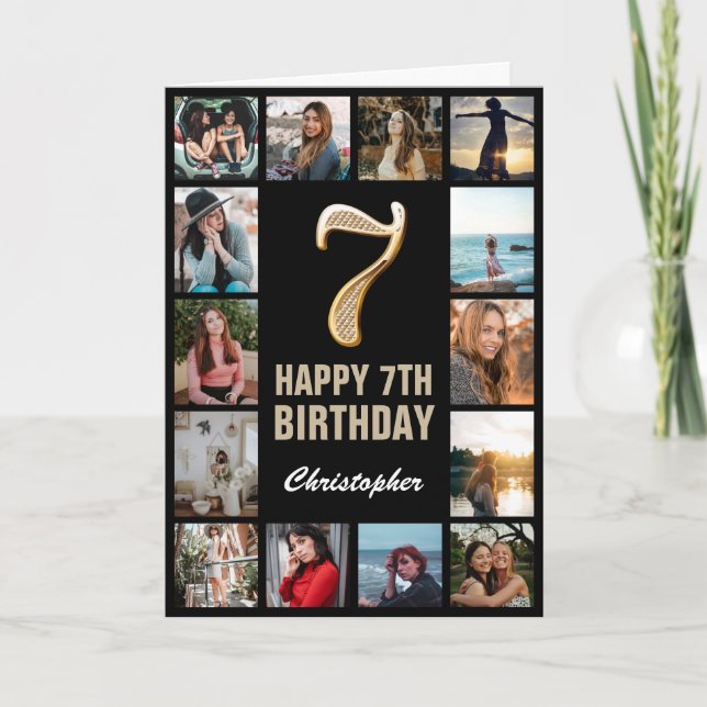 7th Happy Birthday Black and Gold Photo Collage Card (Front)