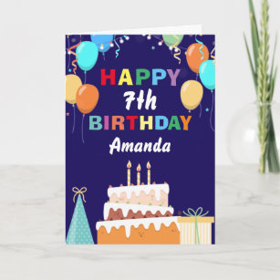 7th Happy Birthday Colorful Balloon Cake Navy Blue Card