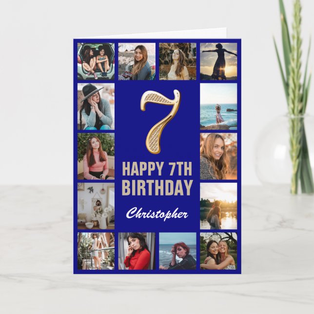 7th Happy Birthday Navy Blue & Gold Photo Collage Card (Front)