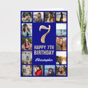 7th Happy Birthday Navy Blue & Gold Photo Collage Card