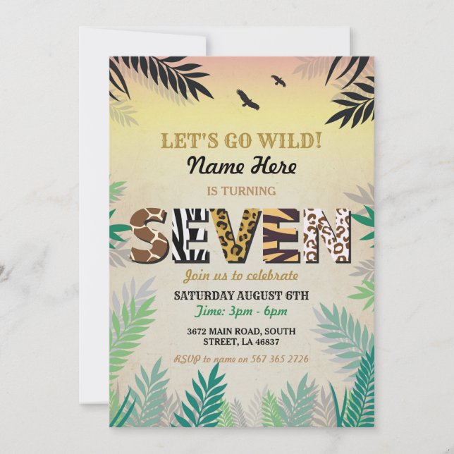 7TH Jungle SEVEN Birthday Party Safari ZOO Invite (Front)