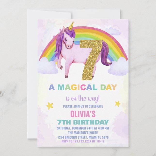 7th Rainbow Unicorn Birthday Invitations Cloud (Front)