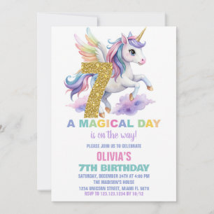 7th Rainbow Unicorn Birthday Invitations Fly