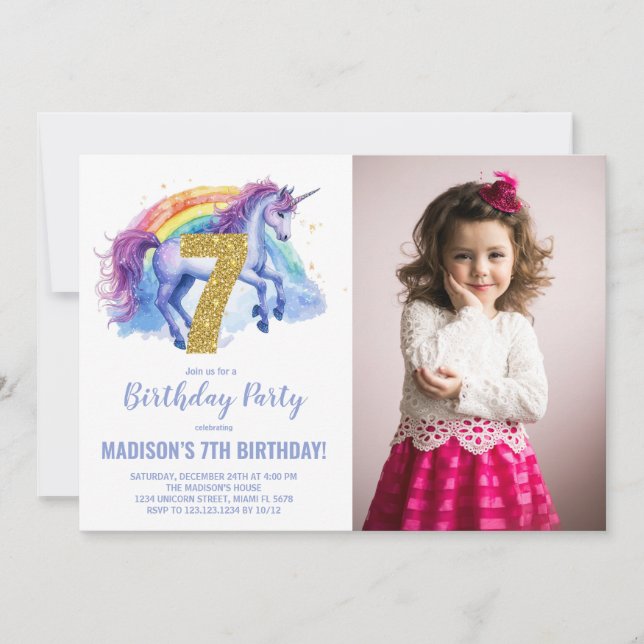 7th Rainbow Unicorn Birthday Invitations photo (Front)
