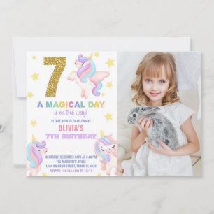 7th Rainbow Unicorn Birthday Invitations w photo