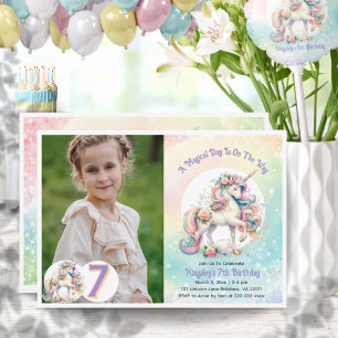 7th Seventh Unicorn Pastel Rainbow Birthday Invitation