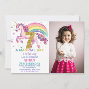 7th Unicorn Birthday Invitations with picture