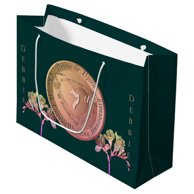 7th Wedding Anniversary Copper Fresia Large Gift Bag (Front Angled)