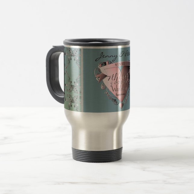 7th Wedding Anniversary Copper Heart Emblem  Travel Mug (Front Left)