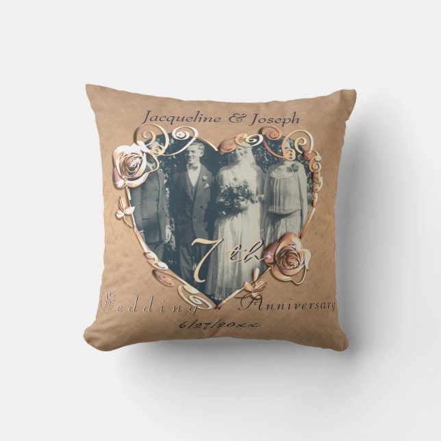 7th Wedding Anniversary Coppery Rose Photo  Throw  Cushion (Front)
