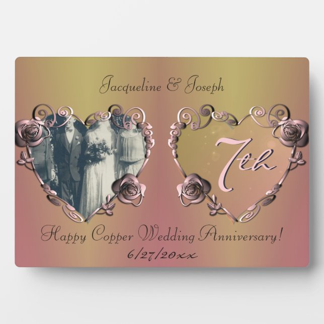 7th Wedding Anniversary Coppery Rose Plaque (Front)