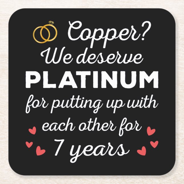 7th Wedding Anniversary I - Copper Funny Couple Square Paper Coaster (Front)
