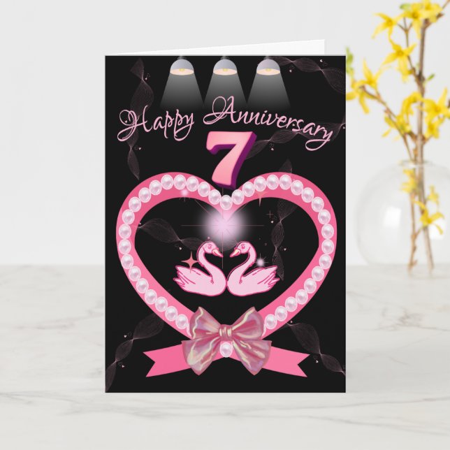 7th Wedding Anniversary Pink Heart Bow For Couple Card (Yellow Flower)