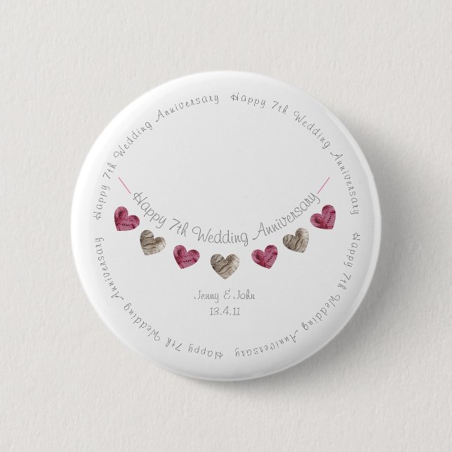 7th wedding anniversary wool heart bunting 6 cm round badge (Front)