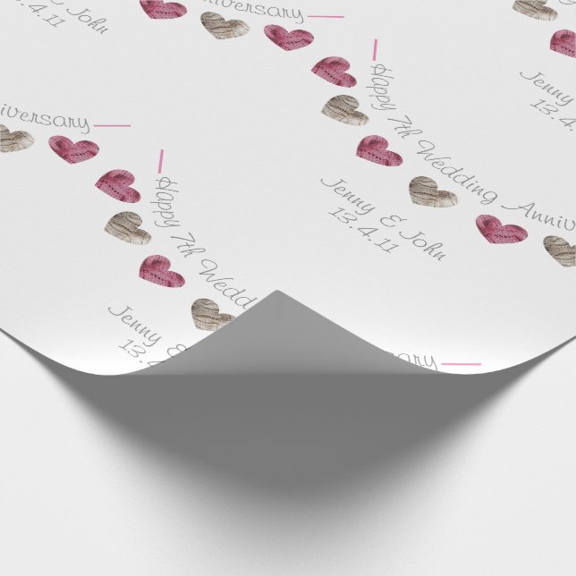 7th wedding anniversary wool heart bunting wrapping paper (Corner)