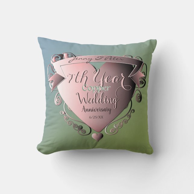 7th Year Wedding Anniversary Copper Green Cushion (Front)