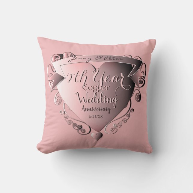 7th Year Wedding Anniversary Copper Pink Cushion (Front)