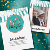 80 & Amazing Teal 80th Birthday Party Invitation