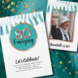 80 & Amazing Teal 80th Birthday Party Invitation