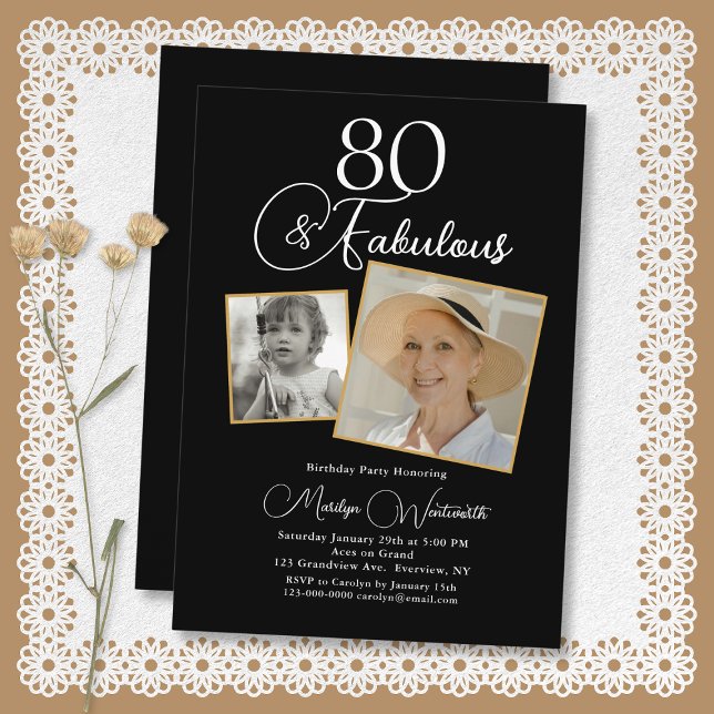 80 and Fabulous 80th Birthday White Script 2 Photo Invitation (Creator Uploaded)