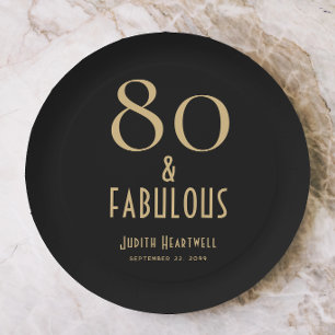 80 and Fabulous Black Gold 80th Birthday Party Paper Plate