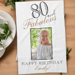 80 and Fabulous Elegant 80th Birthday Photo Tea Towel<br><div class="desc">80 and Fabulous Elegant 80th Birthday Photo kitchen towel. Elegant script in black and golden colours. Add your name and photo.</div>