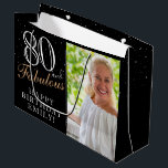 80 and Fabulous Elegant Black 80th Birthday Photo Large Gift Bag<br><div class="desc">80 and Fabulous Elegant Black 80th Birthday Photo Gift Bag. 80 and fabulous text in trendy script with a name on a black background. Personalise it with your photo,  name and age. It`s a great personalised photo gift bag for a woman`s birthday.</div>