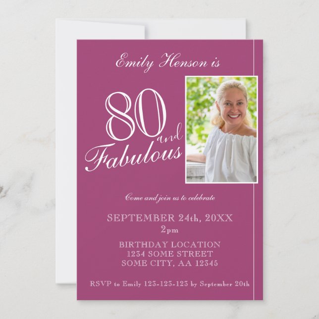 80 and Fabulous Elegant Purple Photo Birthday Invitation (Front)