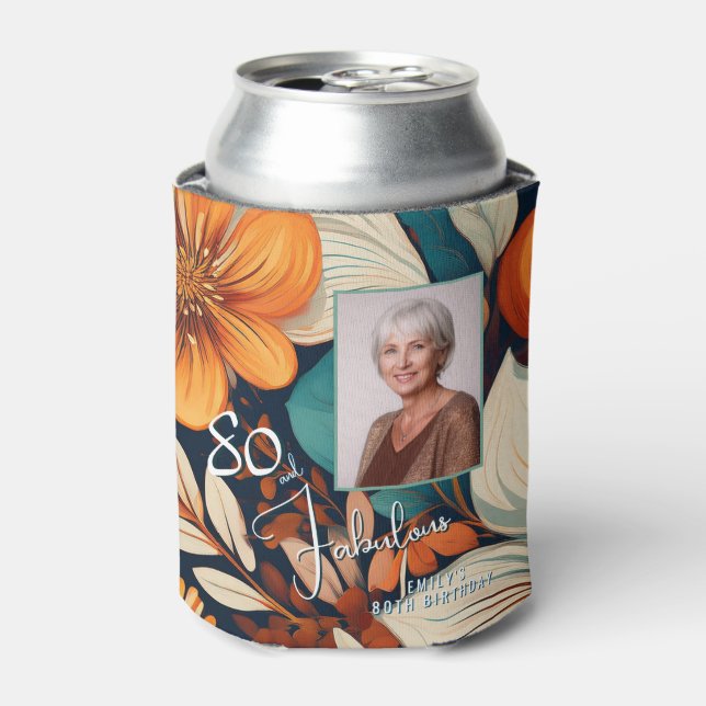 80 and Fabulous Flower Pattern Birthday Photo Can Cooler (Can Front)