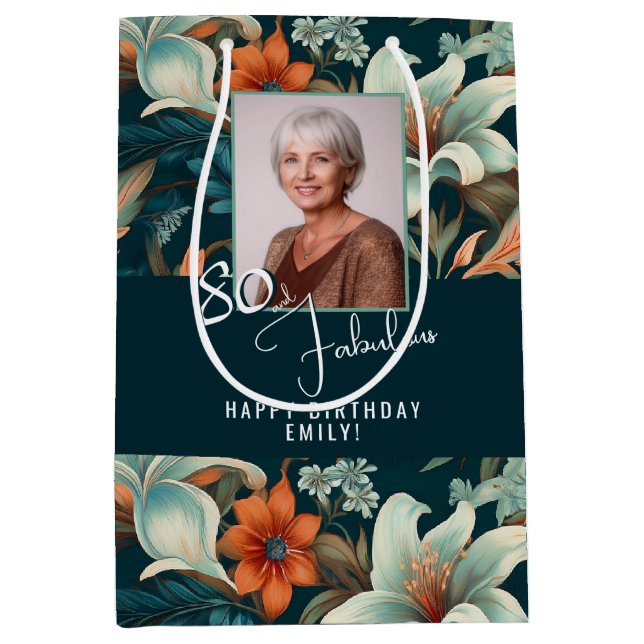 80 and Fabulous Flower Pattern Birthday Photo Medium Gift Bag (Front)
