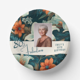 80 and Fabulous Flower Pattern Birthday Photo Paper Plate