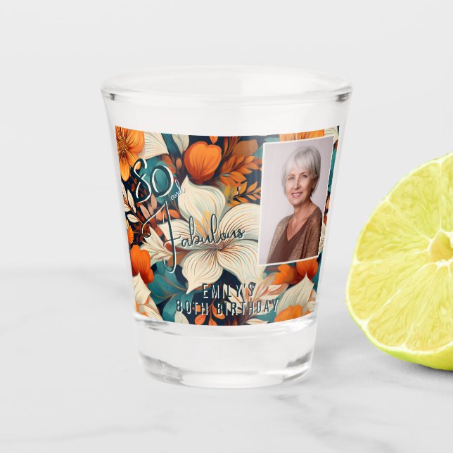 80 and Fabulous Flower Pattern Birthday Photo Shot Glass (Front)