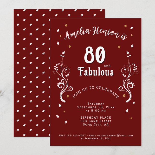 80 and Fabulous Foliage Red 80th Birthday  Invitation (Front/Back)