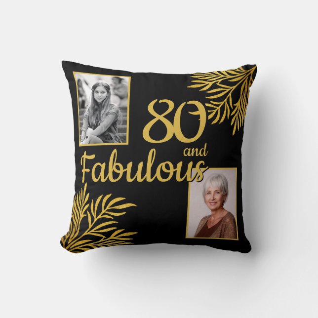 80 and Fabulous Gold Foliage 2 Photo 80th Birthday Cushion (Front)